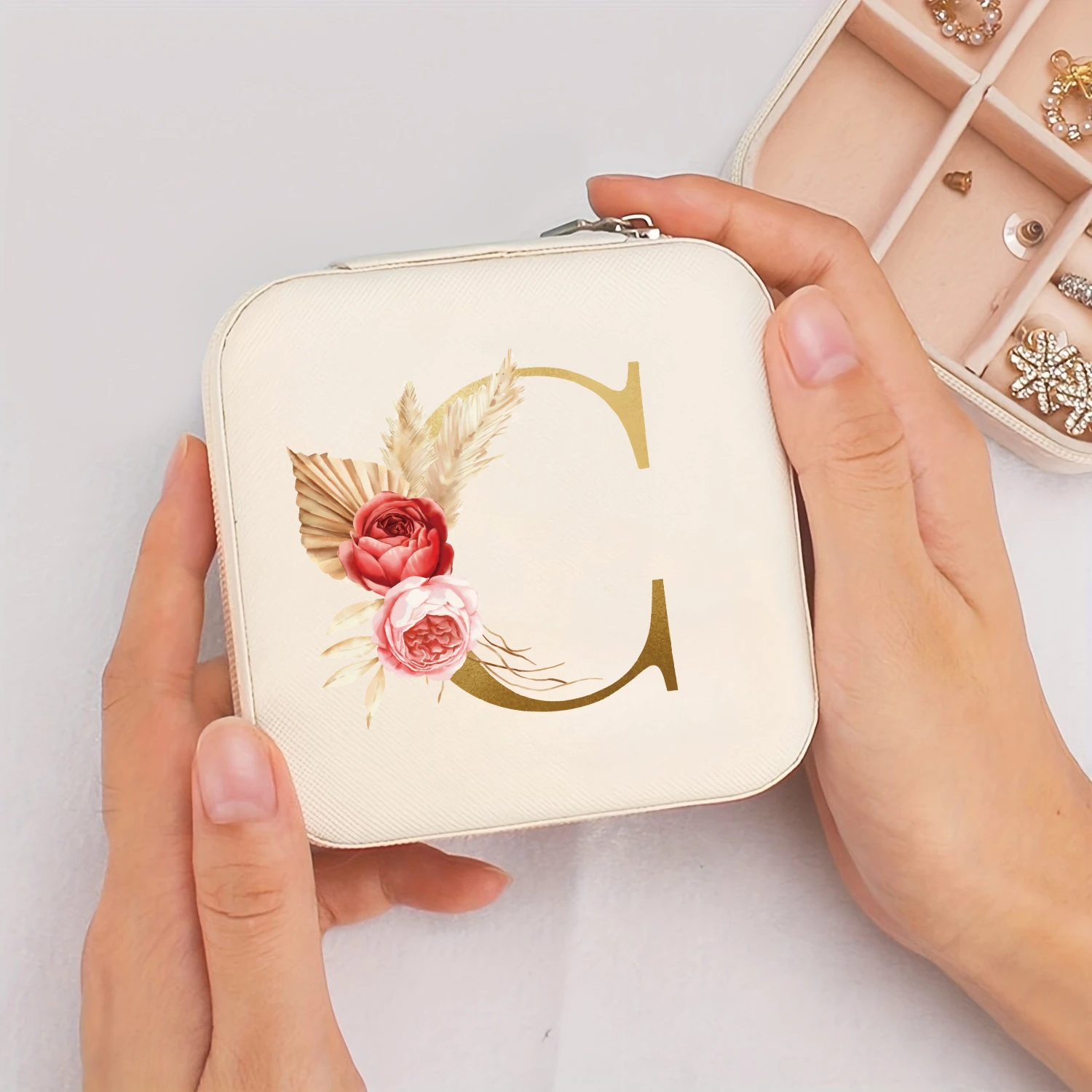 A-Z Alphabet Print Beige Jewelry Box, Elegant Travel Jewelry Case with Zipper Closure, Ideal for Bridesmaid Gifts | Jewelry Box