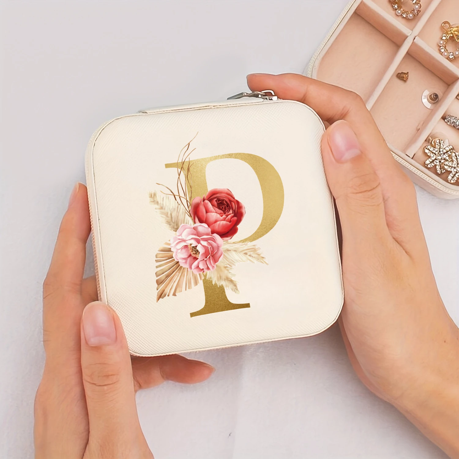 A-Z Alphabet Print Beige Jewelry Box, Elegant Travel Jewelry Case with Zipper Closure, Ideal for Bridesmaid Gifts | Jewelry Box
