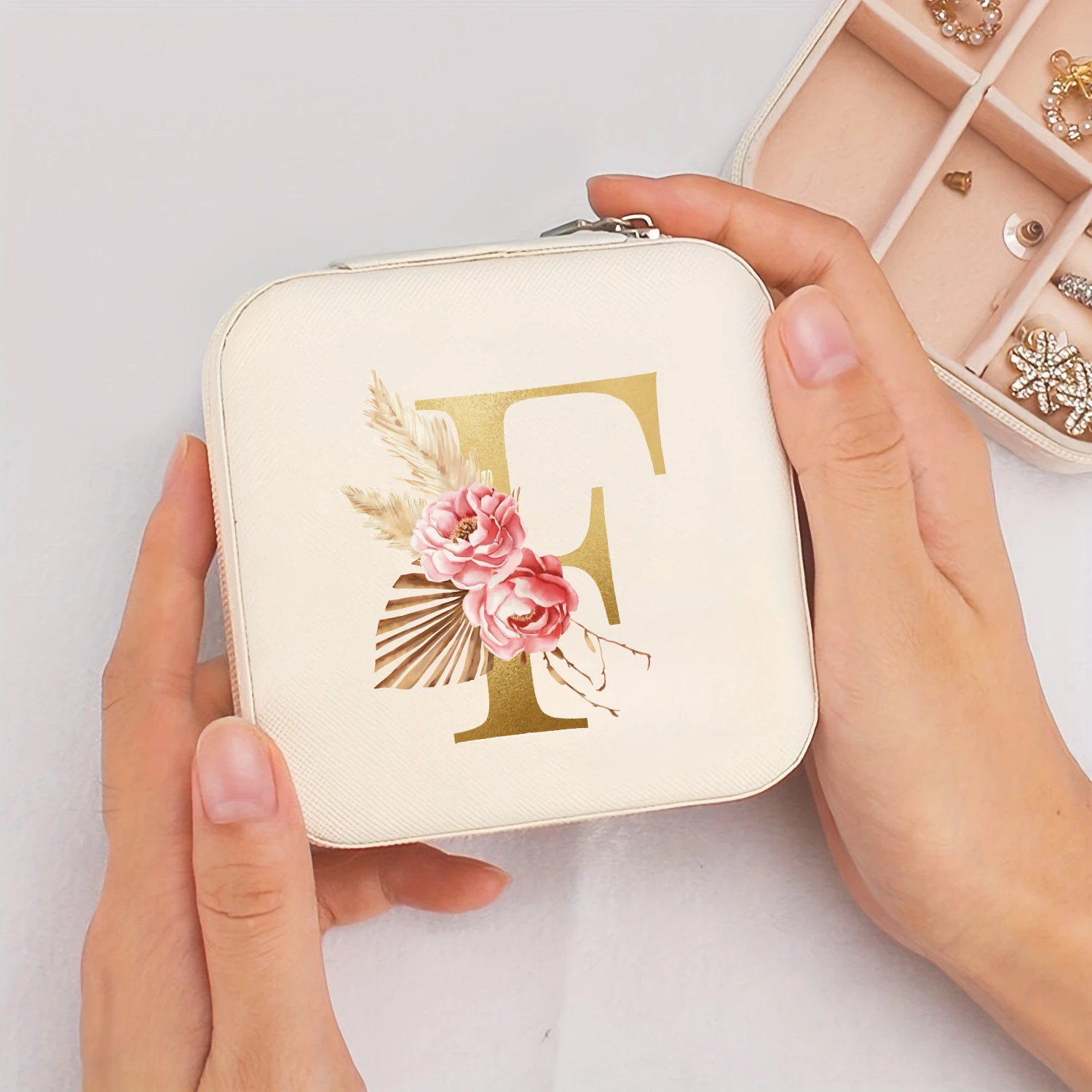 A-Z Alphabet Print Beige Jewelry Box, Elegant Travel Jewelry Case with Zipper Closure, Ideal for Bridesmaid Gifts | Jewelry Box