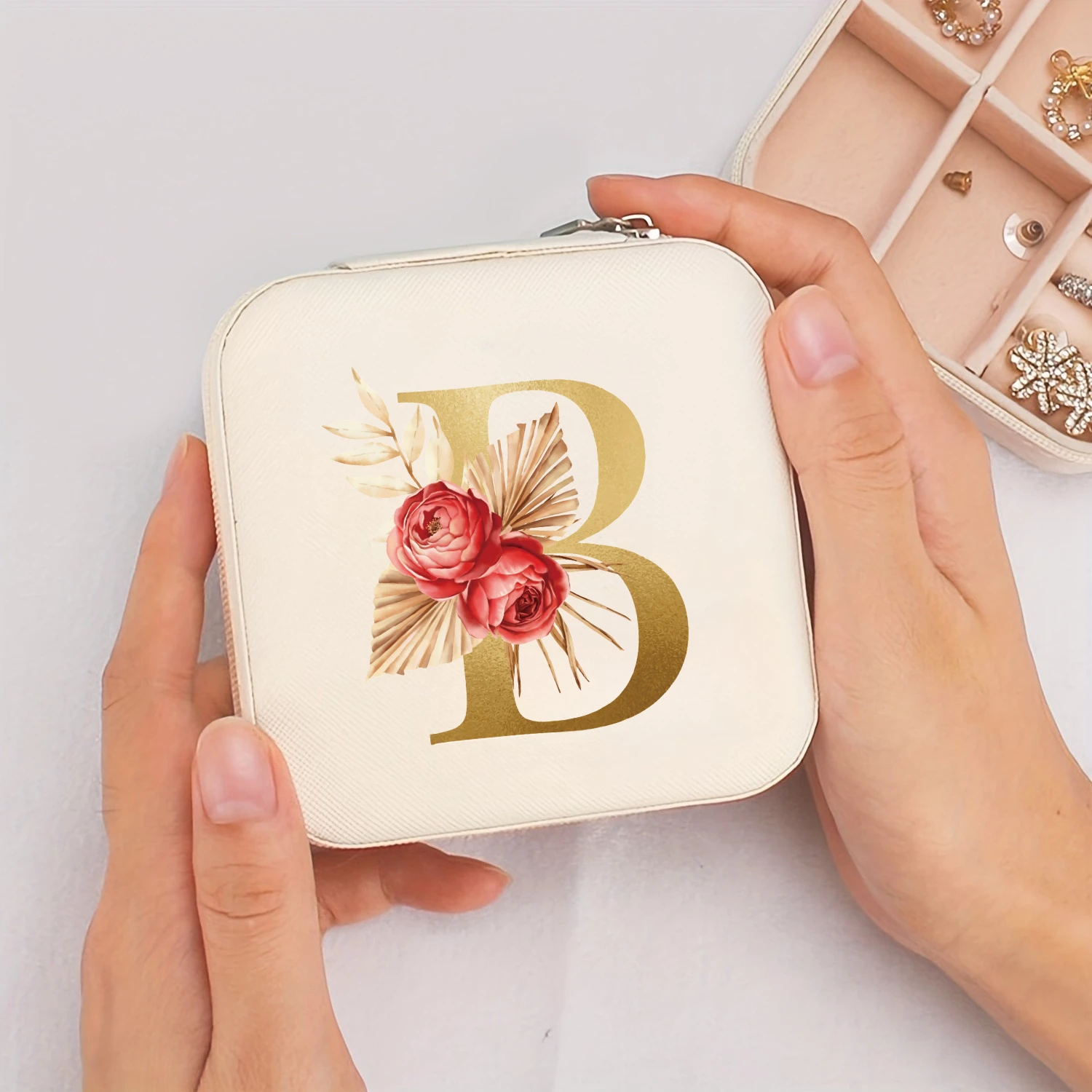 A-Z Alphabet Print Beige Jewelry Box, Elegant Travel Jewelry Case with Zipper Closure, Ideal for Bridesmaid Gifts | Jewelry Box