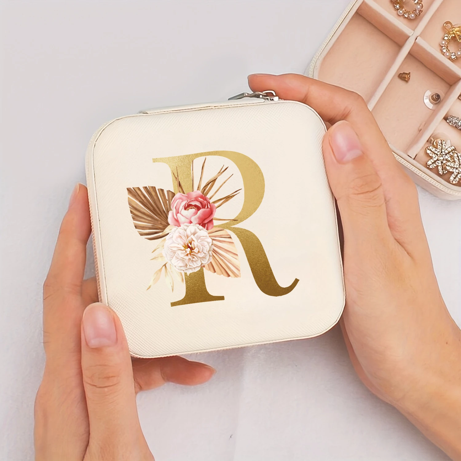 A-Z Alphabet Print Beige Jewelry Box, Elegant Travel Jewelry Case with Zipper Closure, Ideal for Bridesmaid Gifts | Jewelry Box