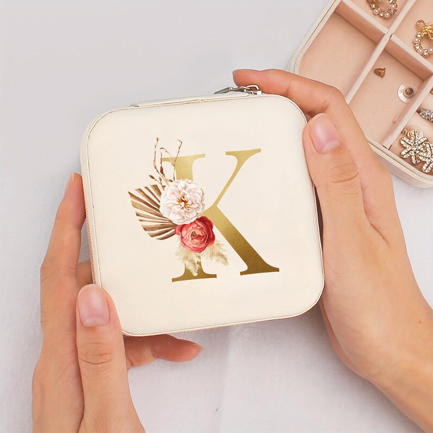 A-Z Alphabet Print Beige Jewelry Box, Elegant Travel Jewelry Case with Zipper Closure, Ideal for Bridesmaid Gifts | Jewelry Box