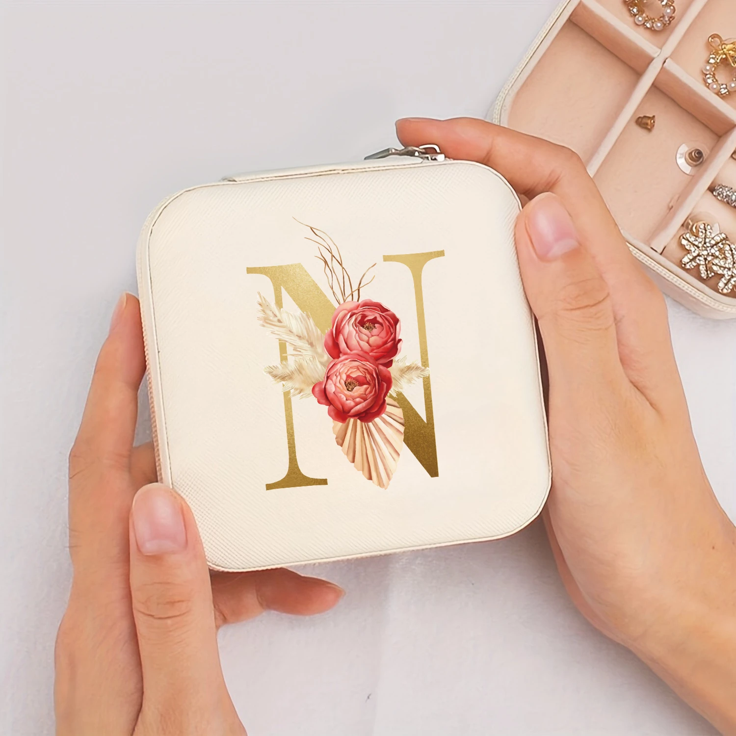 A-Z Alphabet Print Beige Jewelry Box, Elegant Travel Jewelry Case with Zipper Closure, Ideal for Bridesmaid Gifts | Jewelry Box