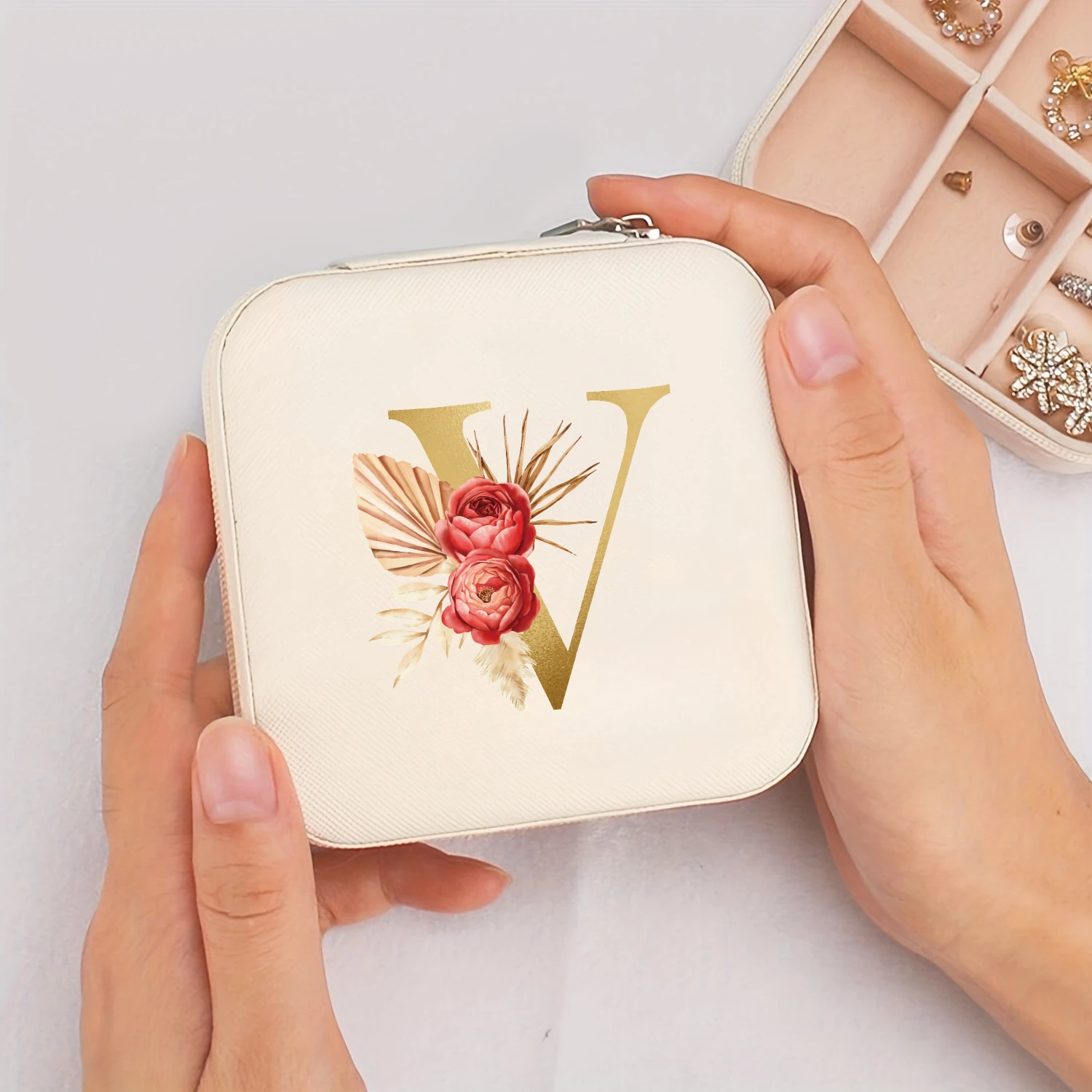 A-Z Alphabet Print Beige Jewelry Box, Elegant Travel Jewelry Case with Zipper Closure, Ideal for Bridesmaid Gifts | Jewelry Box