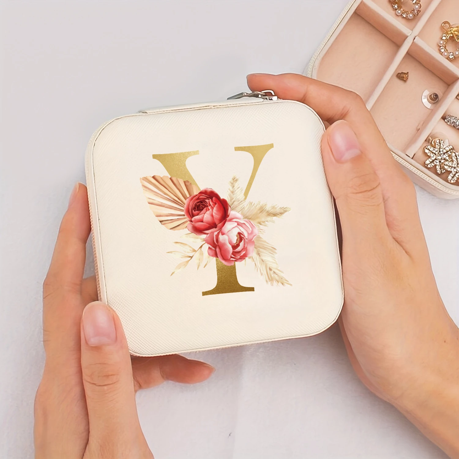 A-Z Alphabet Print Beige Jewelry Box, Elegant Travel Jewelry Case with Zipper Closure, Ideal for Bridesmaid Gifts | Jewelry Box
