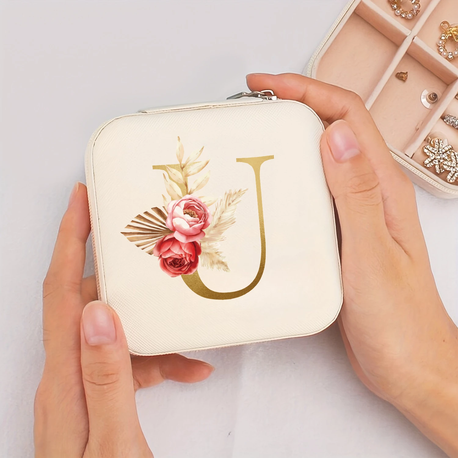 A-Z Alphabet Print Beige Jewelry Box, Elegant Travel Jewelry Case with Zipper Closure, Ideal for Bridesmaid Gifts | Jewelry Box