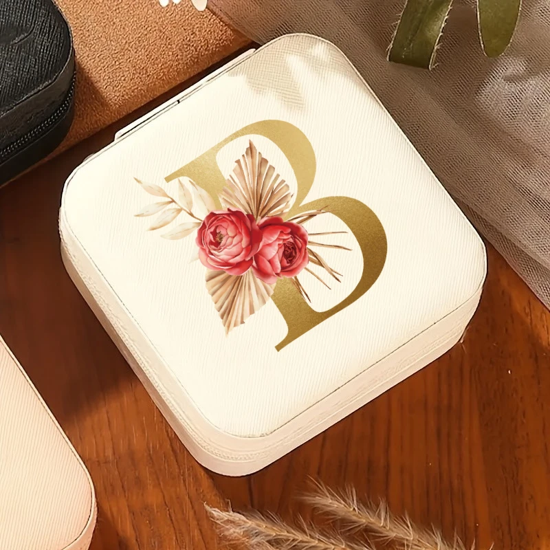 A-Z Alphabet Print Beige Jewelry Box, Elegant Travel Jewelry Case with Zipper Closure, Ideal for Bridesmaid Gifts | Jewelry Box