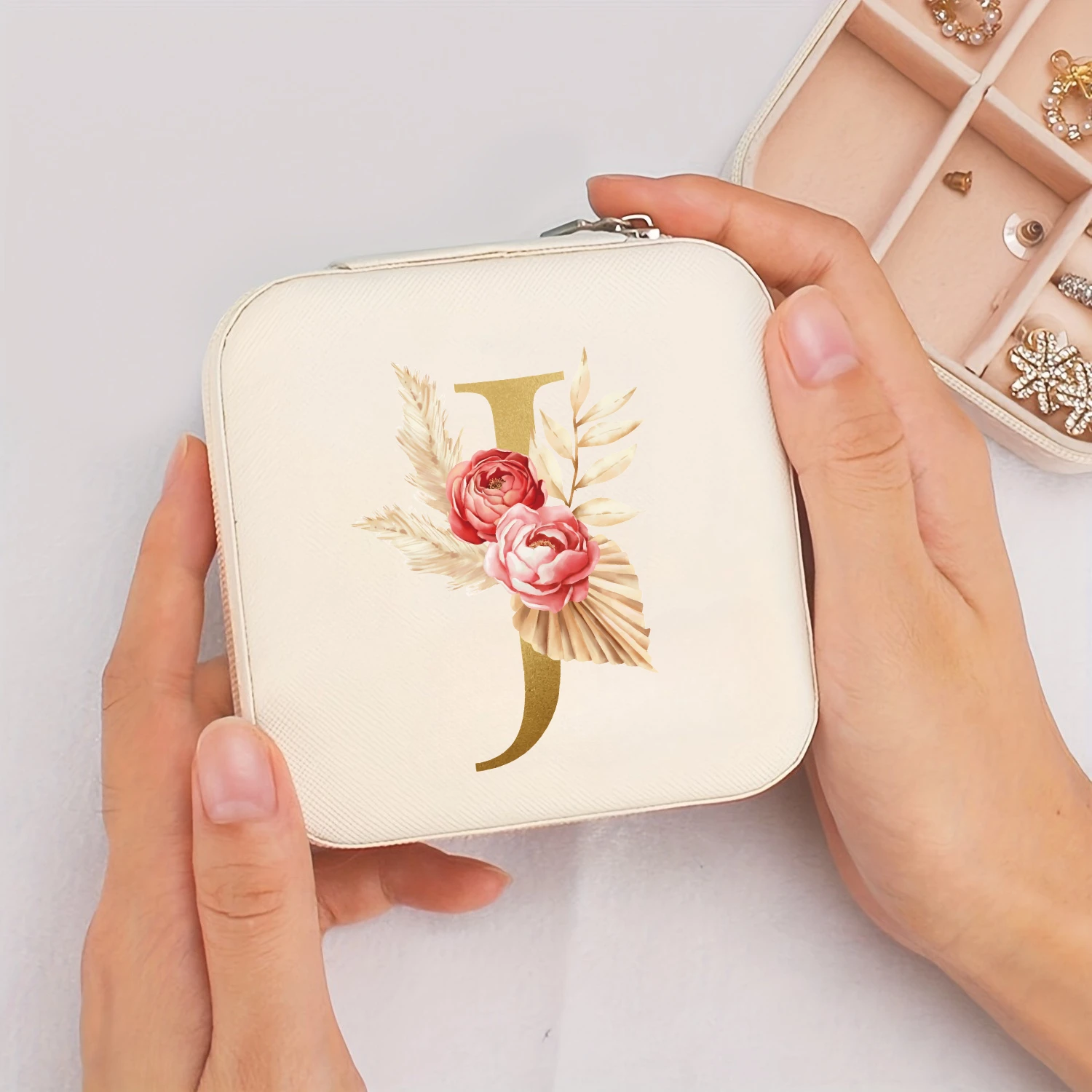A-Z Alphabet Print Beige Jewelry Box, Elegant Travel Jewelry Case with Zipper Closure, Ideal for Bridesmaid Gifts | Jewelry Box