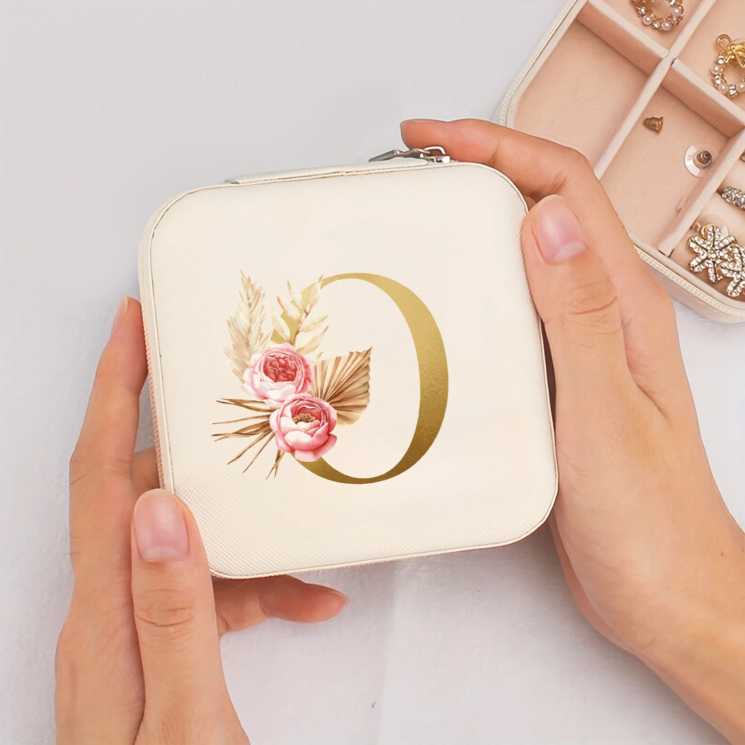 A-Z Alphabet Print Beige Jewelry Box, Elegant Travel Jewelry Case with Zipper Closure, Ideal for Bridesmaid Gifts | Jewelry Box