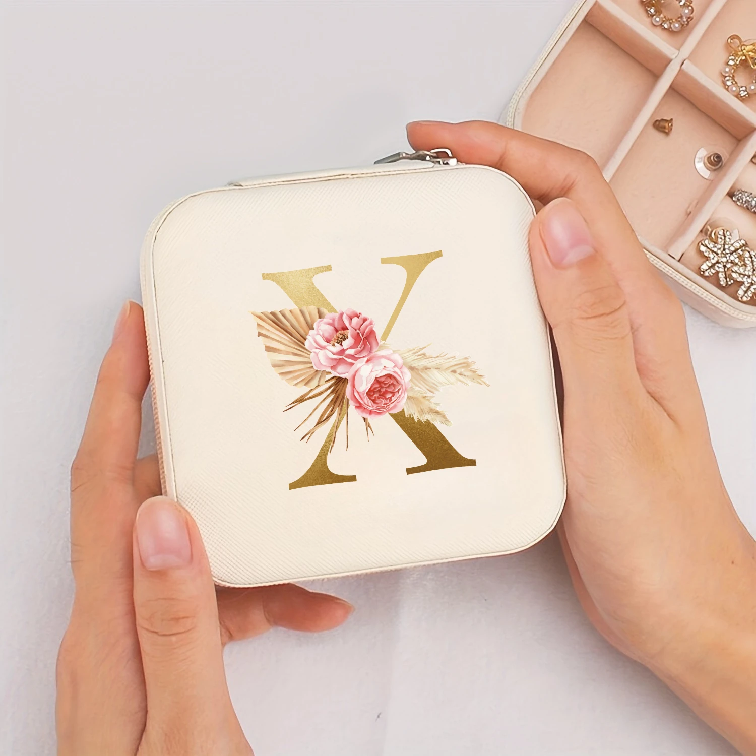 A-Z Alphabet Print Beige Jewelry Box, Elegant Travel Jewelry Case with Zipper Closure, Ideal for Bridesmaid Gifts | Jewelry Box