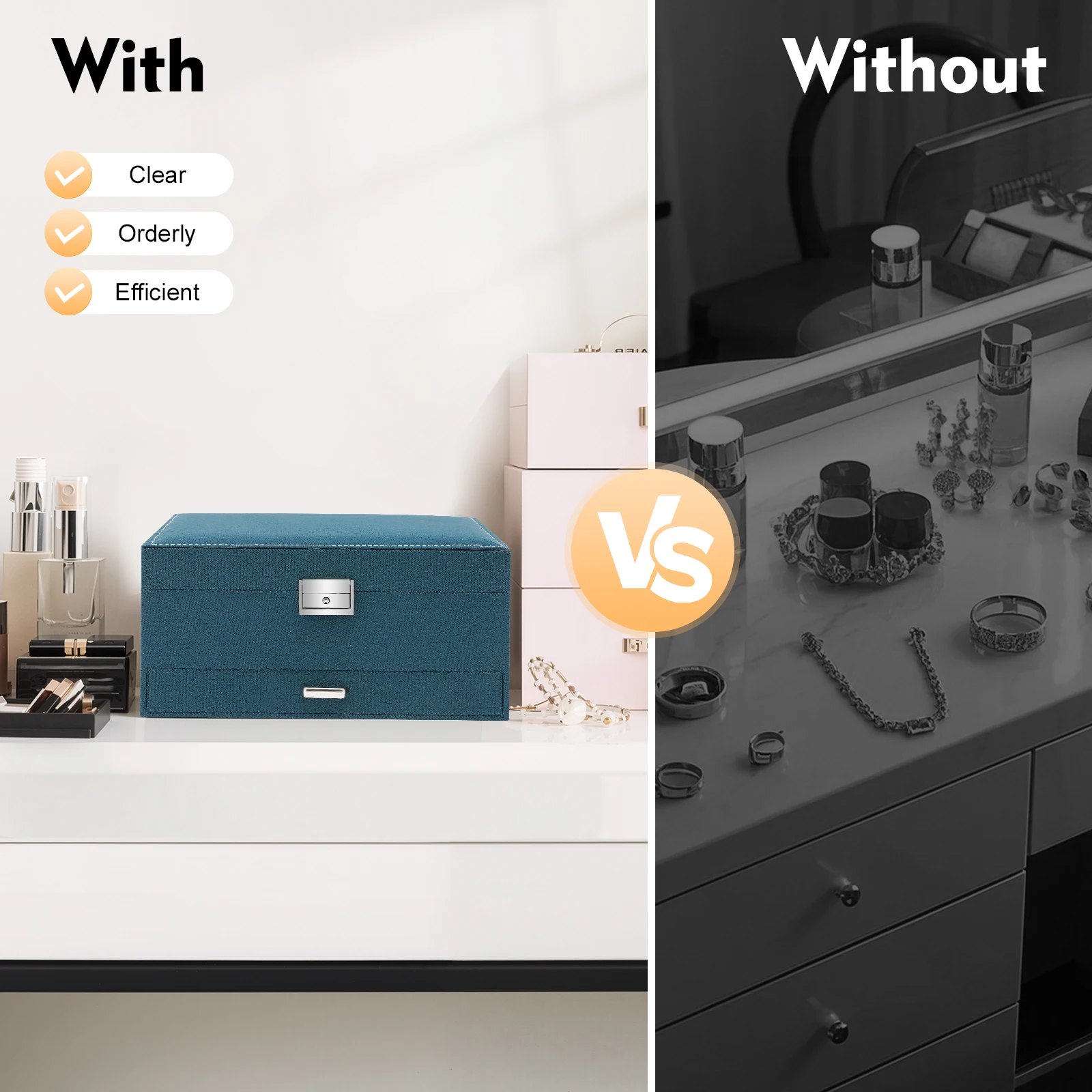 3-Tier Dark Green Jewelry Box Organizer with 15 Ring Slots 10 Earring Hooks 18 Stud Holes Drawers for Necklace Bracelet Watch