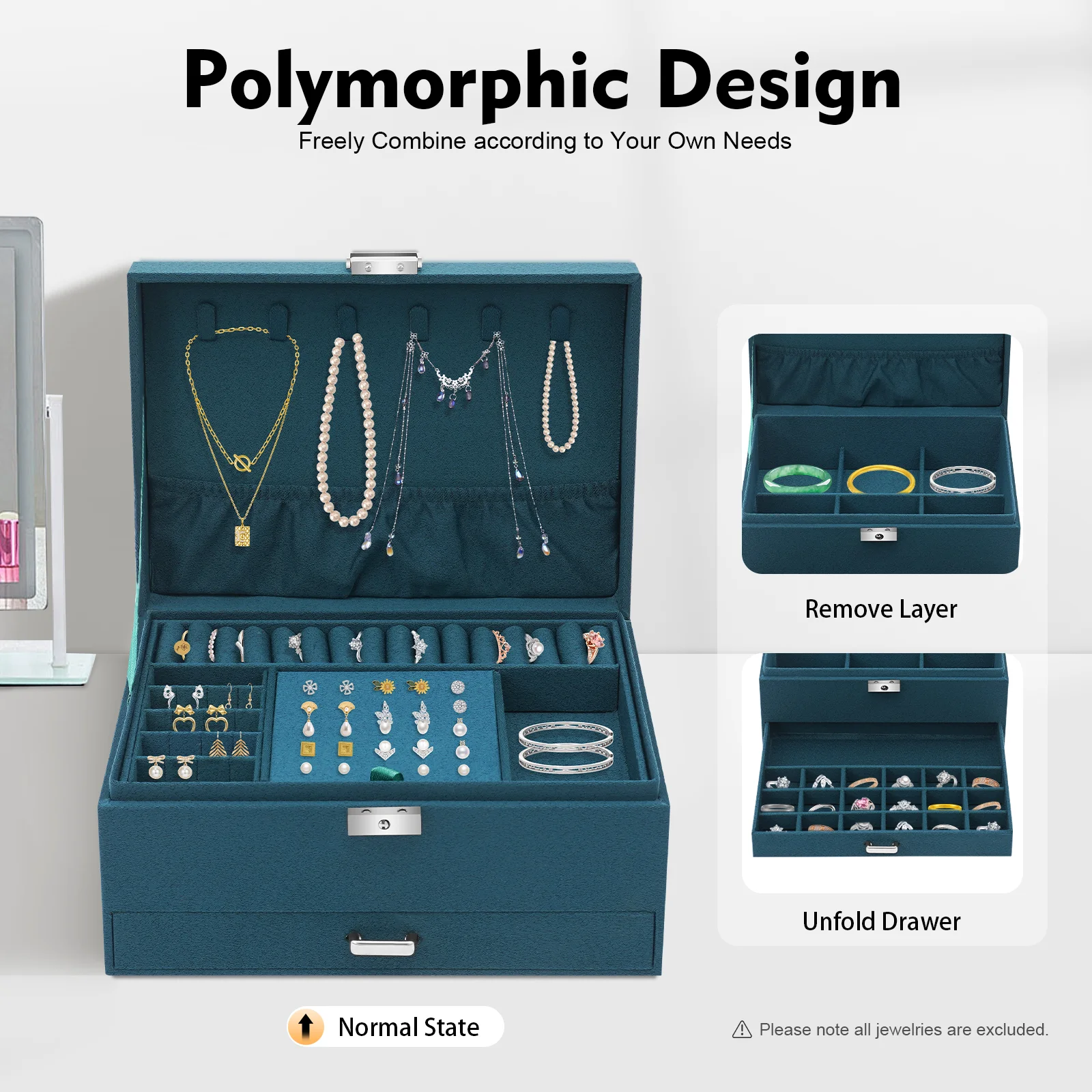 3-Tier Dark Green Jewelry Box Organizer with 15 Ring Slots 10 Earring Hooks 18 Stud Holes Drawers for Necklace Bracelet Watch