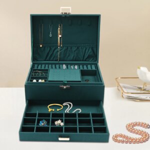 3-Tier Dark Green Jewelry Box Organizer with 15 Ring Slots 10 Earring Hooks 18 Stud Holes Drawers for Necklace Bracelet Watch