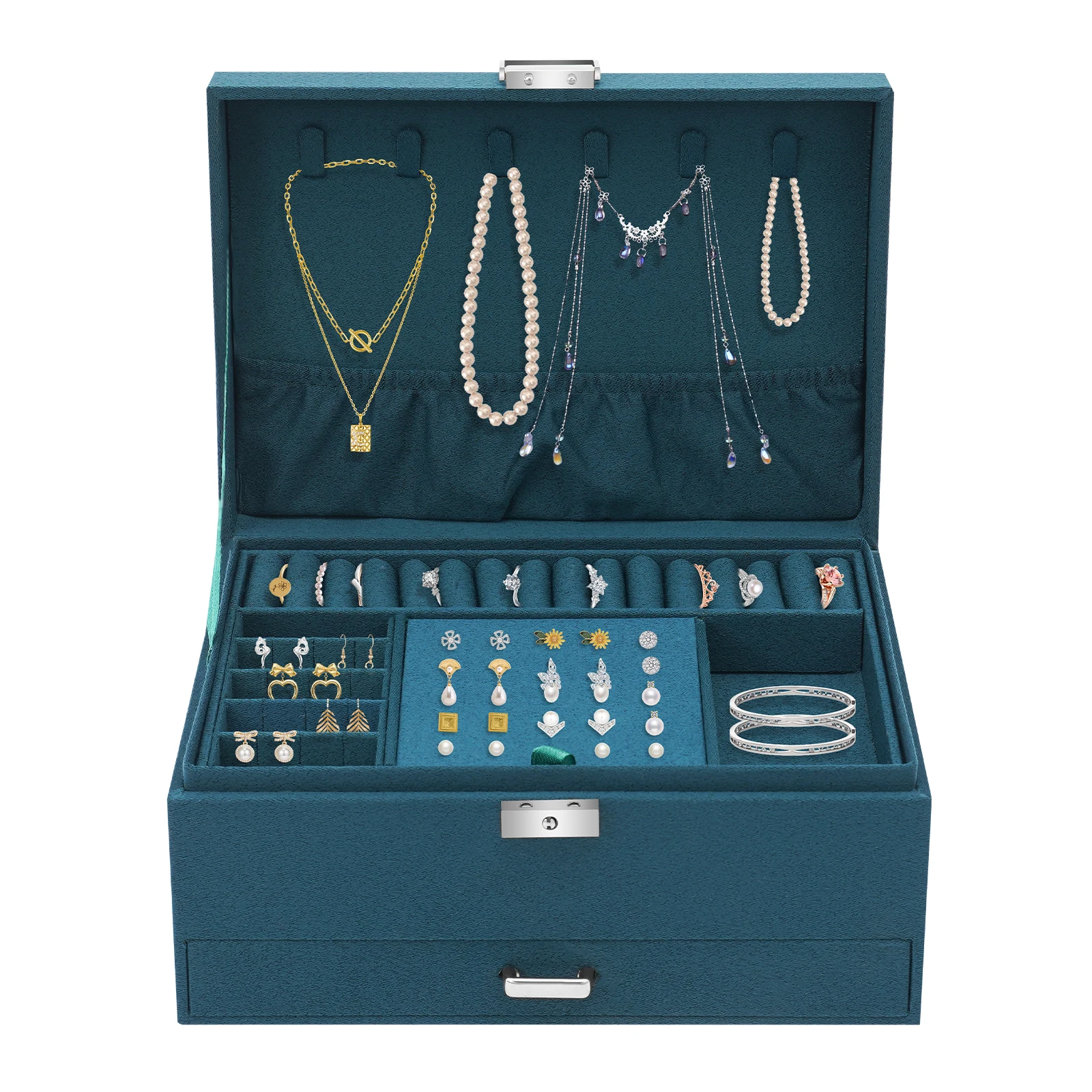 3-Tier Dark Green Jewelry Box Organizer with 15 Ring Slots 10 Earring Hooks 18 Stud Holes Drawers for Necklace Bracelet Watch