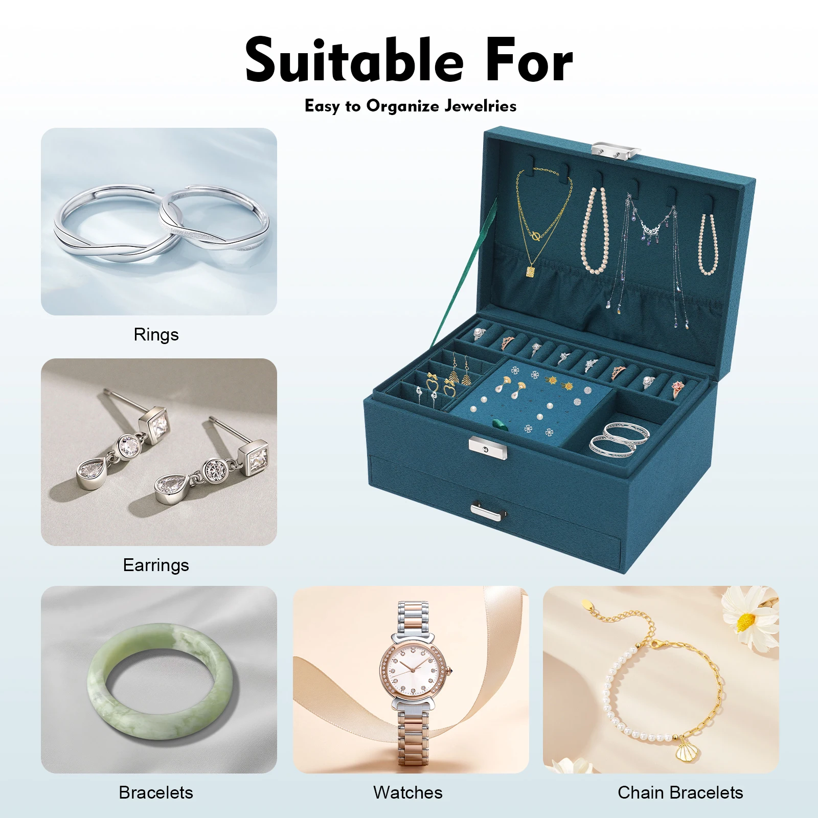 3-Tier Dark Green Jewelry Box Organizer with 15 Ring Slots 10 Earring Hooks 18 Stud Holes Drawers for Necklace Bracelet Watch