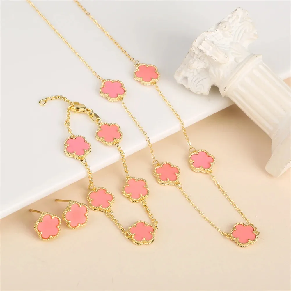 2024 Hot Sale 10 Colors Five-Leaf Flower Set Bracelet Necklace Classic Simple Women Jewelry Set Suitable For Daily Party Wear