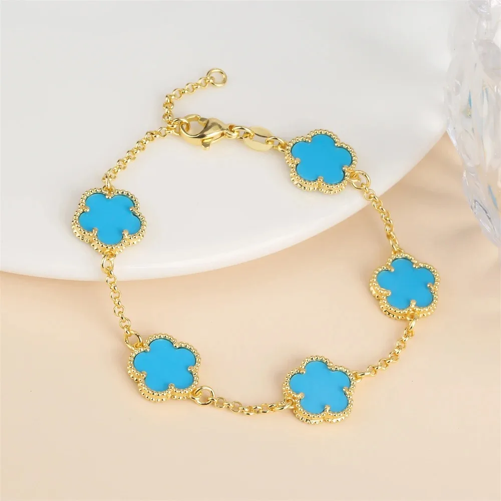 2024 Hot Sale 10 Colors Five-Leaf Flower Set Bracelet Necklace Classic Simple Women Jewelry Set Suitable For Daily Party Wear