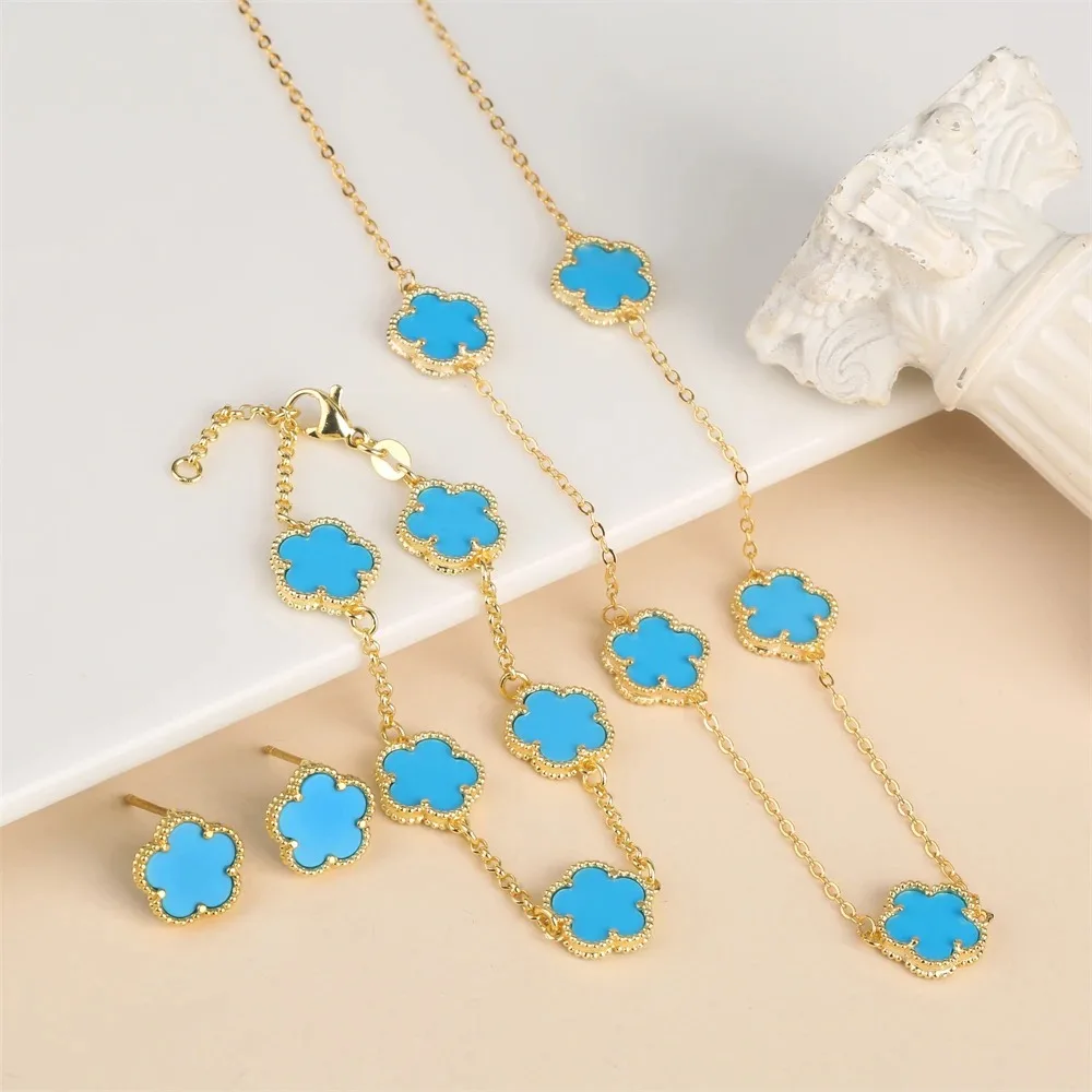 2024 Hot Sale 10 Colors Five-Leaf Flower Set Bracelet Necklace Classic Simple Women Jewelry Set Suitable For Daily Party Wear