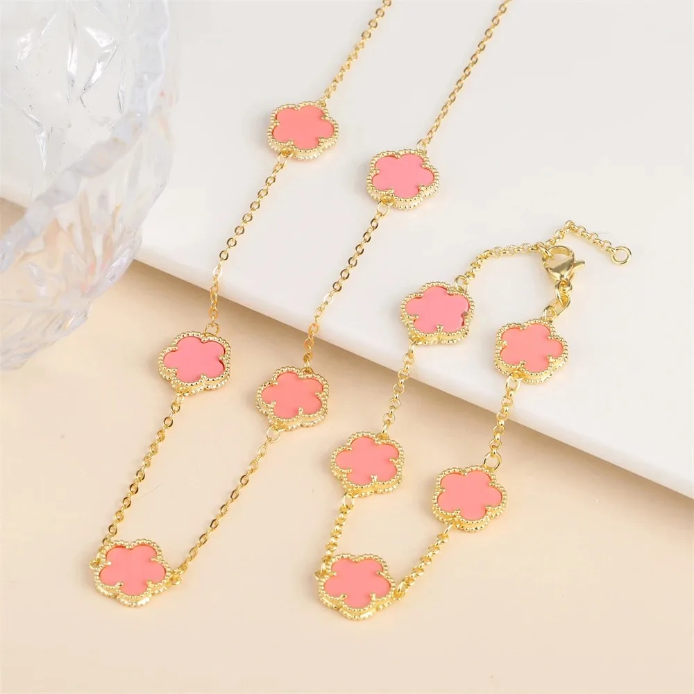 2024 Hot Sale 10 Colors Five-Leaf Flower Set Bracelet Necklace Classic Simple Women Jewelry Set Suitable For Daily Party Wear