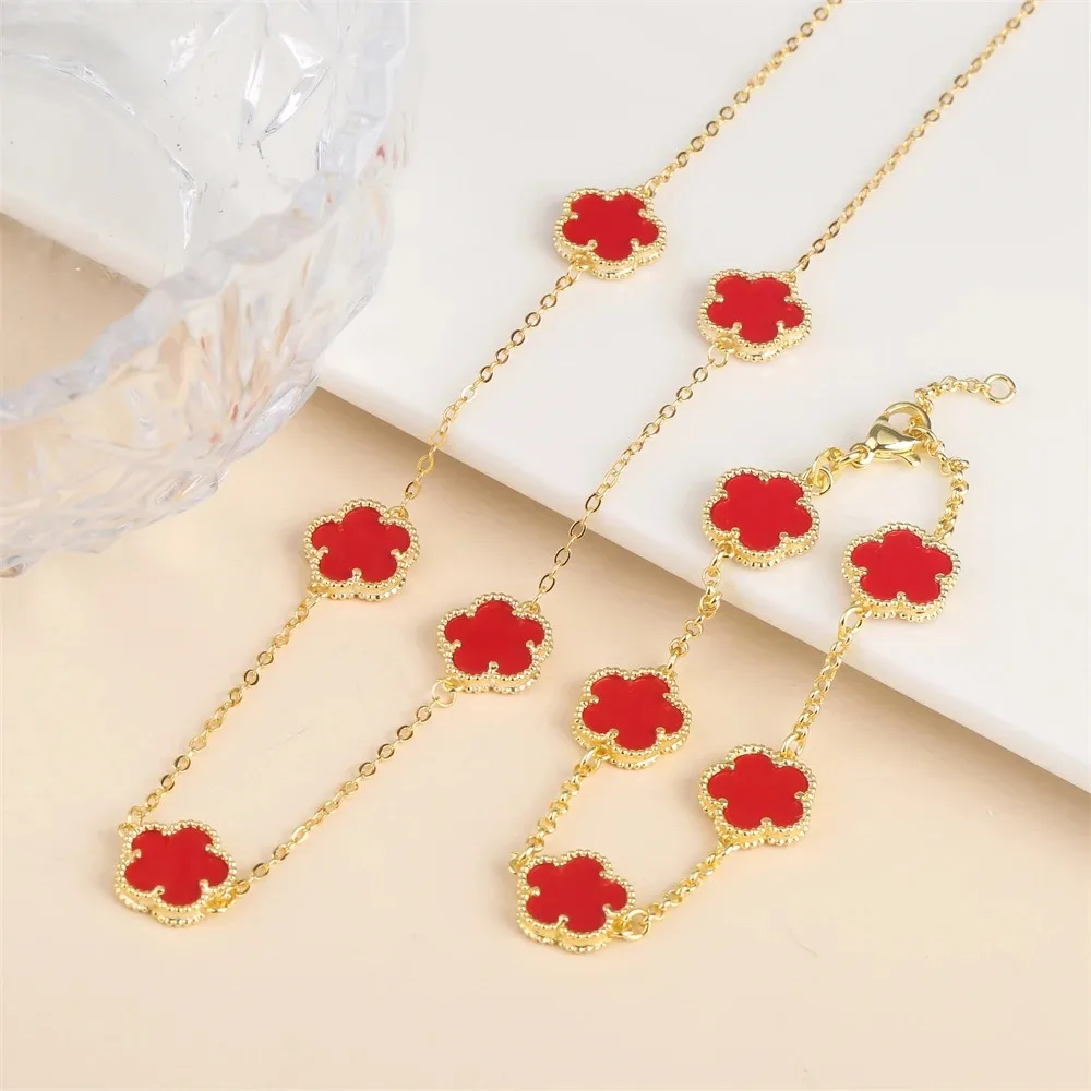 2024 Hot Sale 10 Colors Five-Leaf Flower Set Bracelet Necklace Classic Simple Women Jewelry Set Suitable For Daily Party Wear