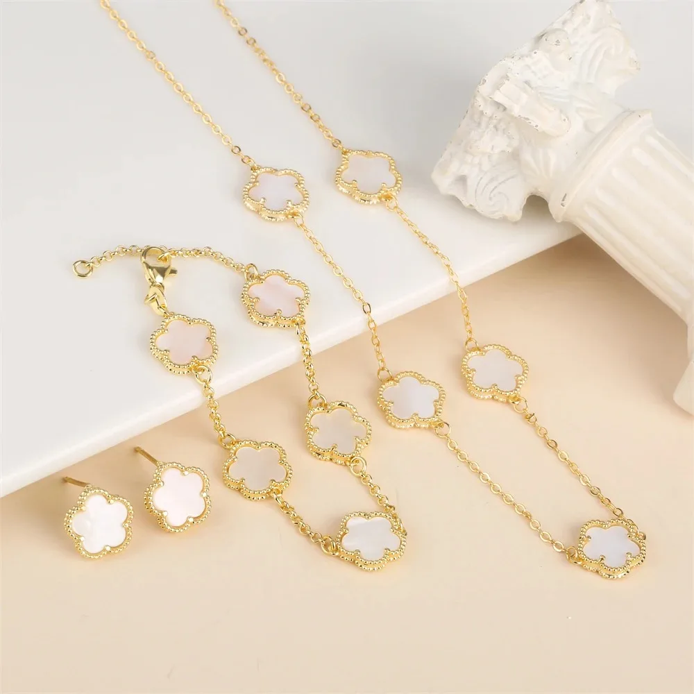 2024 Hot Sale 10 Colors Five-Leaf Flower Set Bracelet Necklace Classic Simple Women Jewelry Set Suitable For Daily Party Wear