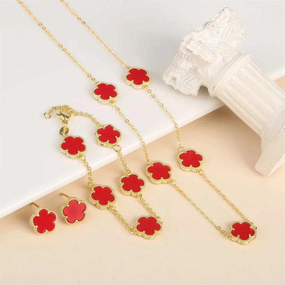 2024 Hot Sale 10 Colors Five-Leaf Flower Set Bracelet Necklace Classic Simple Women Jewelry Set Suitable For Daily Party Wear