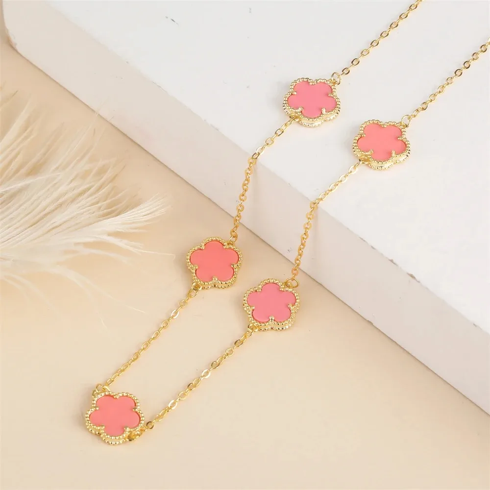 2024 Hot Sale 10 Colors Five-Leaf Flower Set Bracelet Necklace Classic Simple Women Jewelry Set Suitable For Daily Party Wear