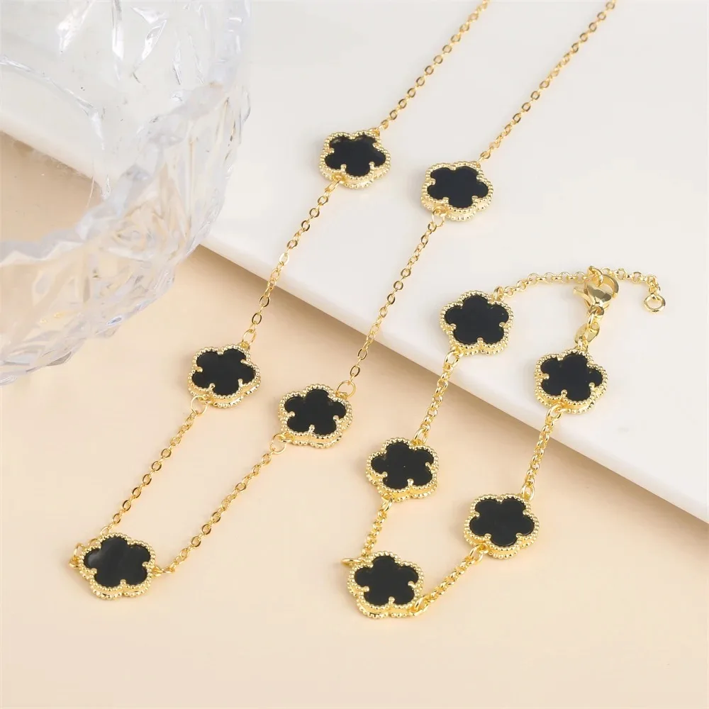 2024 Hot Sale 10 Colors Five-Leaf Flower Set Bracelet Necklace Classic Simple Women Jewelry Set Suitable For Daily Party Wear