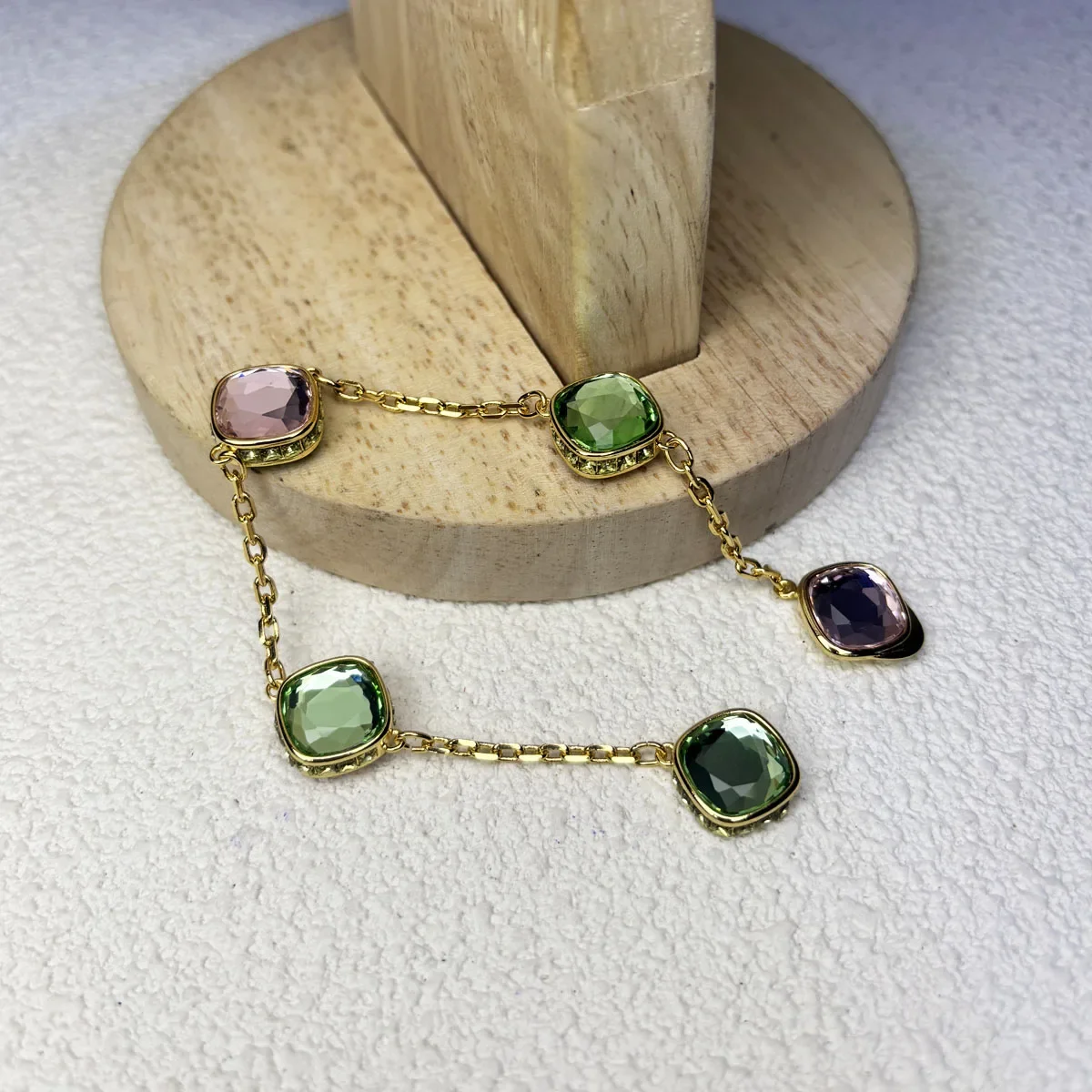 Original 2026 Fine Jewelry Set for Women Green Crystal Pink Crystal Geometric Bracelet Octagonal Cut Crystal Romantic Gift