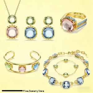 Original 2026 Fine Jewelry Set for Women Green Crystal Pink Crystal Geometric Bracelet Octagonal Cut Crystal Romantic Gift