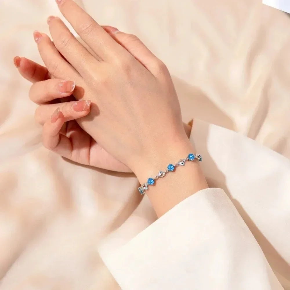 925 Sterling Silver Heart Shaped Necklace Bracelet Set for Women Vintage Korean Crystal Bracelets High Quality Set Party Jewelry