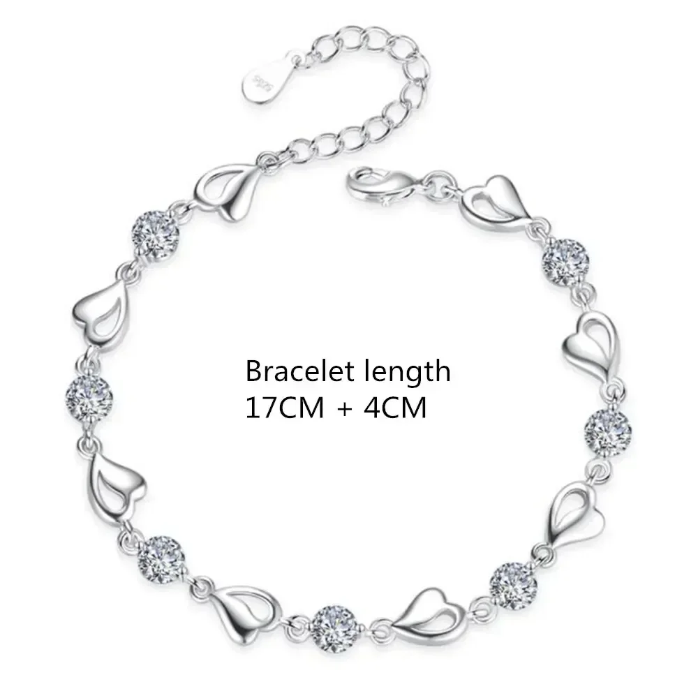 925 Sterling Silver Heart Shaped Necklace Bracelet Set for Women Vintage Korean Crystal Bracelets High Quality Set Party Jewelry