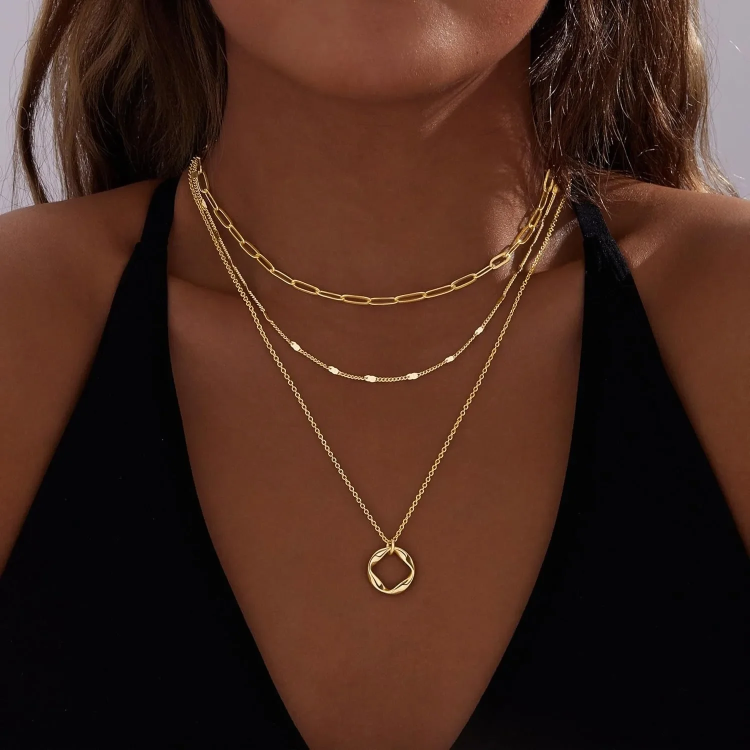 Layered 14k Gold Plated Necklaces for Women Stackable Silver Plated Circle Paperclip Chain Pendant Choker Necklace Set For Woman