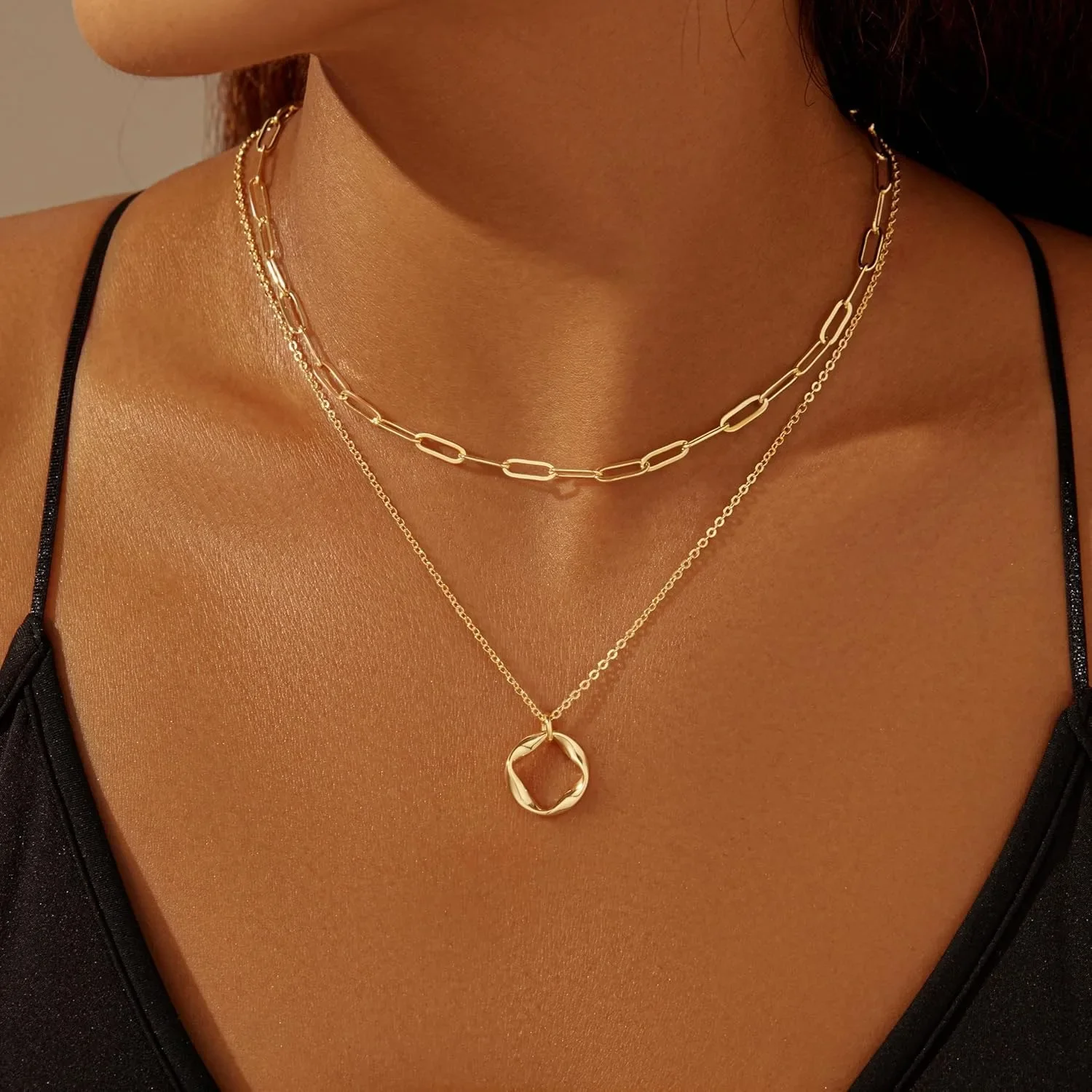 Layered 14k Gold Plated Necklaces for Women Stackable Silver Plated Circle Paperclip Chain Pendant Choker Necklace Set For Woman