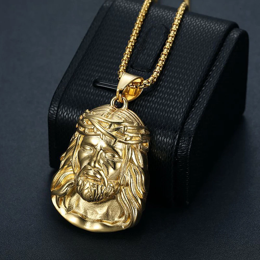 Stainless Steel Titanium God Jesus Human Head Gold Plated Portrait Pendant Necklace with 3mm Chain For Men Women Hip Hop Jewelry
