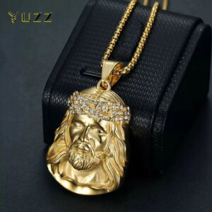 Stainless Steel Titanium God Jesus Human Head Gold Plated Portrait Pendant Necklace with 3mm Chain For Men Women Hip Hop Jewelry