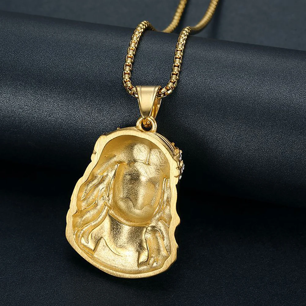 Stainless Steel Titanium God Jesus Human Head Gold Plated Portrait Pendant Necklace with 3mm Chain For Men Women Hip Hop Jewelry