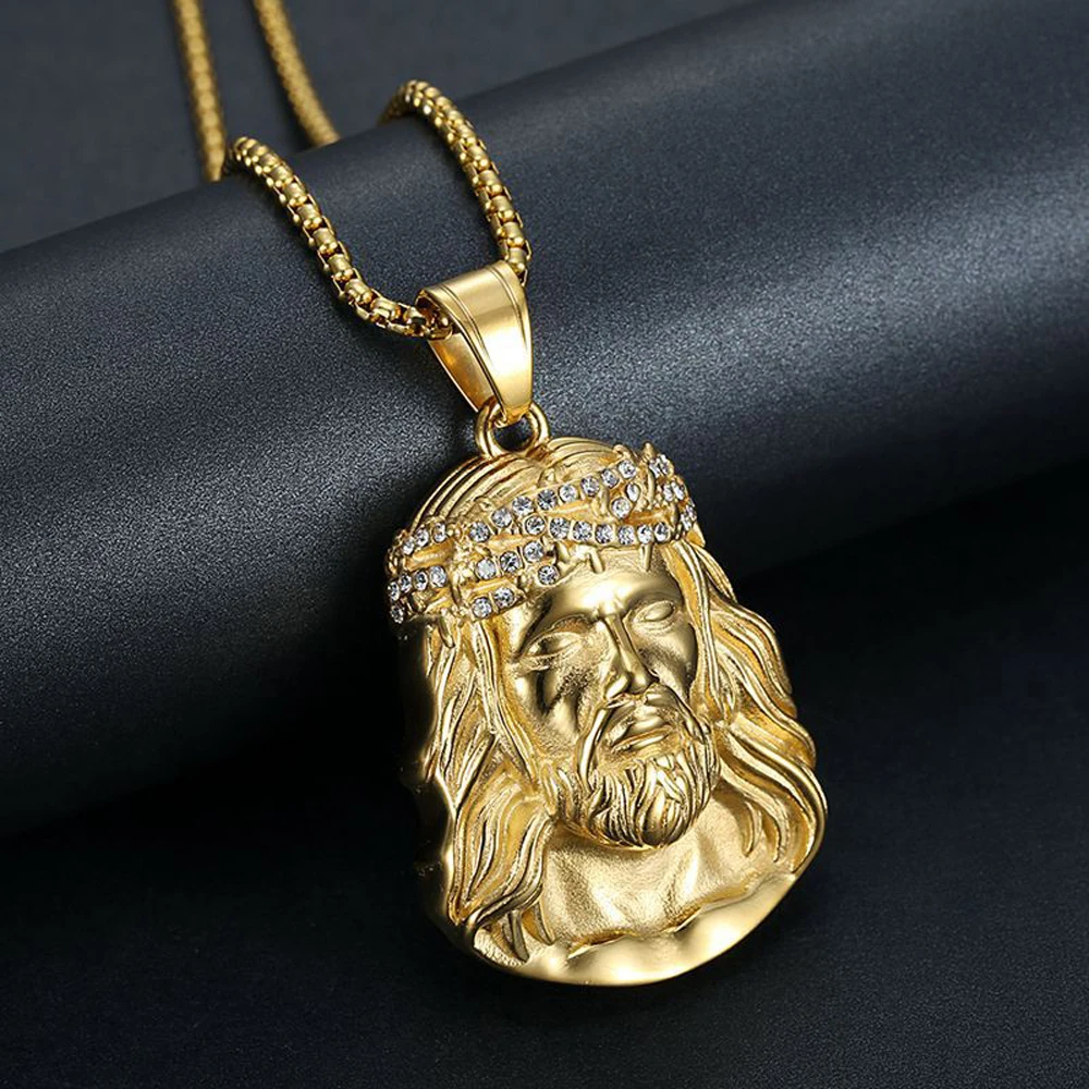 Stainless Steel Titanium God Jesus Human Head Gold Plated Portrait Pendant Necklace with 3mm Chain For Men Women Hip Hop Jewelry