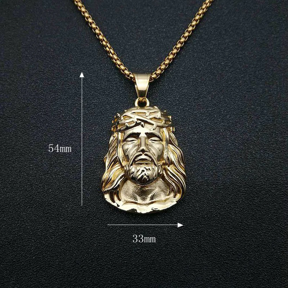 Stainless Steel Titanium God Jesus Human Head Gold Plated Portrait Pendant Necklace with 3mm Chain For Men Women Hip Hop Jewelry