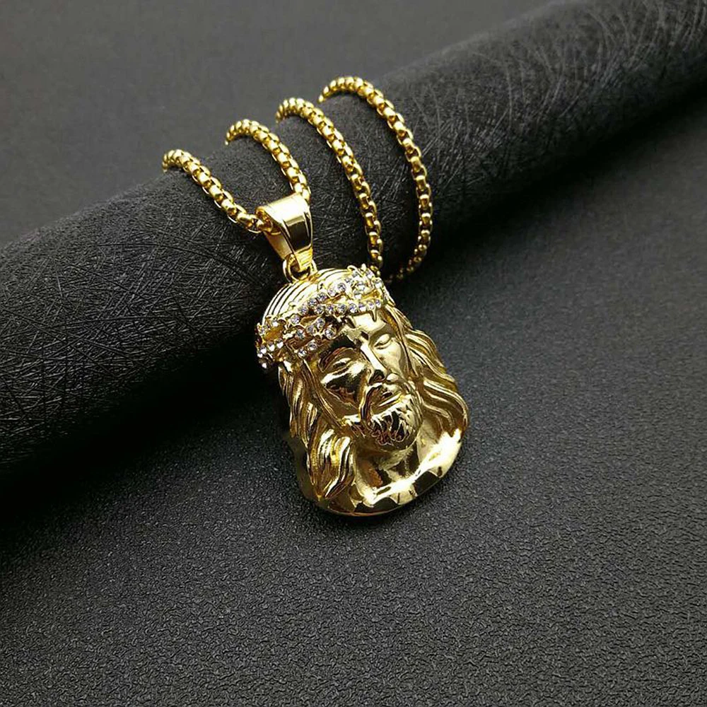 Stainless Steel Titanium God Jesus Human Head Gold Plated Portrait Pendant Necklace with 3mm Chain For Men Women Hip Hop Jewelry
