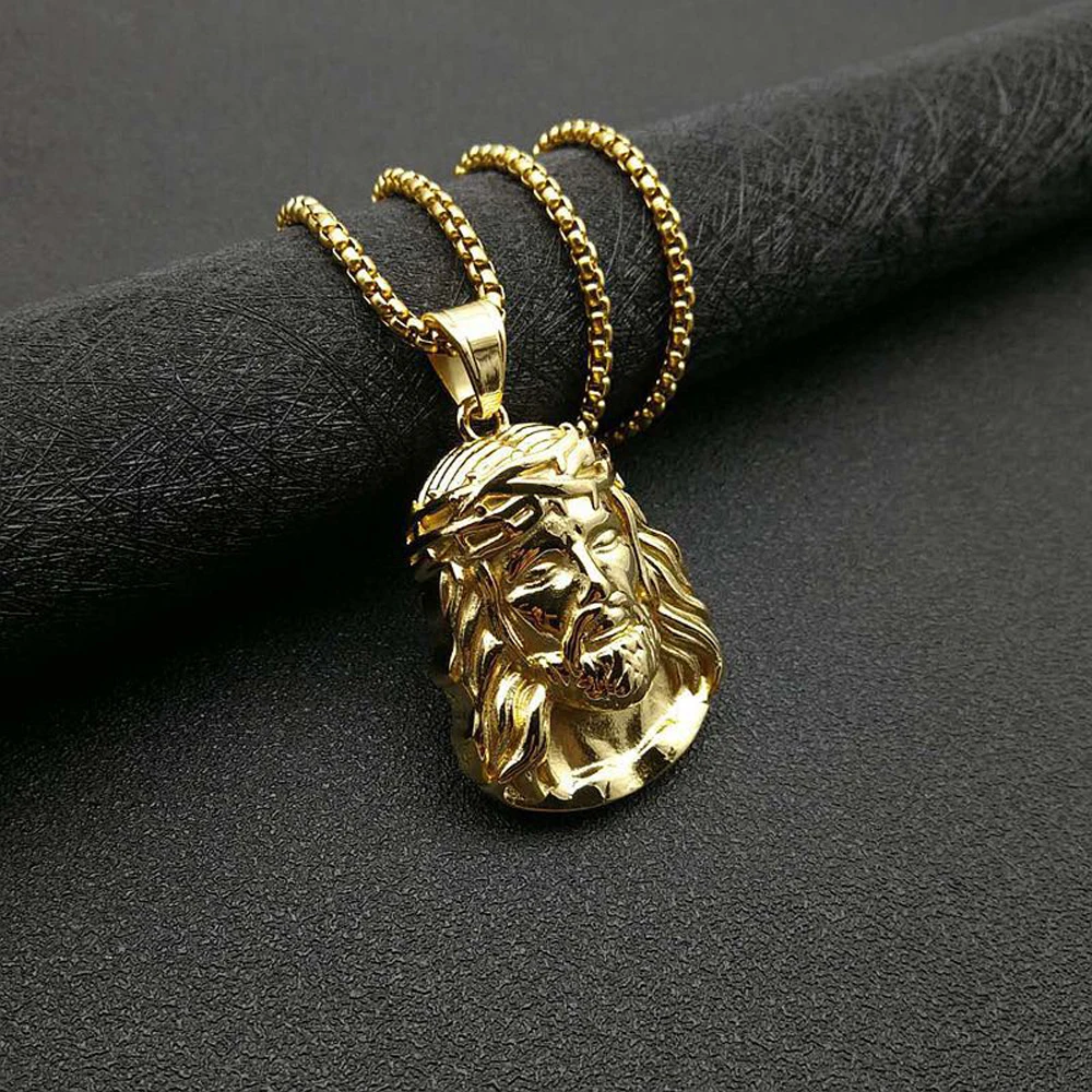Stainless Steel Titanium God Jesus Human Head Gold Plated Portrait Pendant Necklace with 3mm Chain For Men Women Hip Hop Jewelry