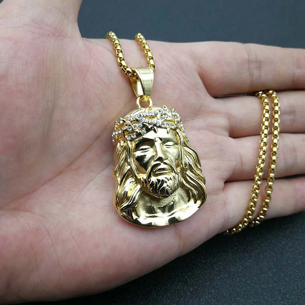Stainless Steel Titanium God Jesus Human Head Gold Plated Portrait Pendant Necklace with 3mm Chain For Men Women Hip Hop Jewelry
