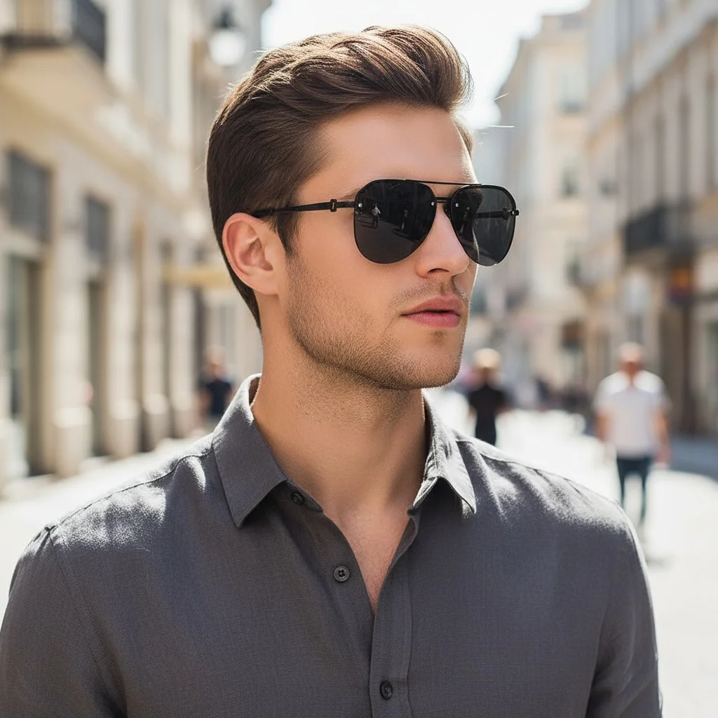 Semi-rimmed Double-bar Sunglasses For Men, Sun Protection, Fashionable Metal Sunglasses For Women 9258