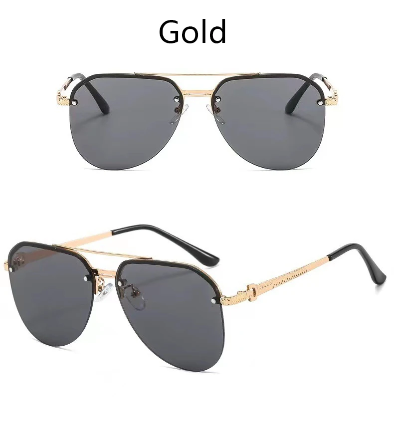 Semi-rimmed Double-bar Sunglasses For Men, Sun Protection, Fashionable Metal Sunglasses For Women 9258