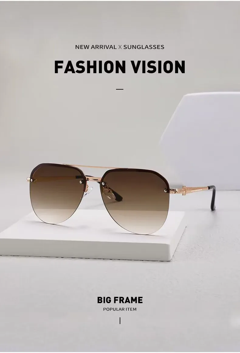 Semi-rimmed Double-bar Sunglasses For Men, Sun Protection, Fashionable Metal Sunglasses For Women 9258
