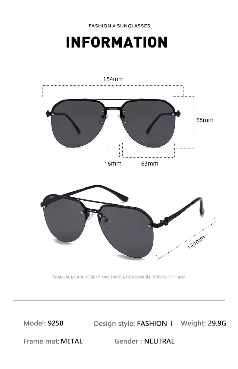 Semi-rimmed Double-bar Sunglasses For Men, Sun Protection, Fashionable Metal Sunglasses For Women 9258