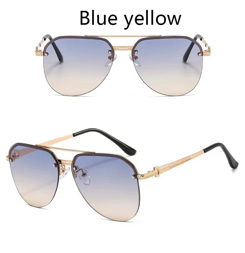 Semi-rimmed Double-bar Sunglasses For Men, Sun Protection, Fashionable Metal Sunglasses For Women 9258
