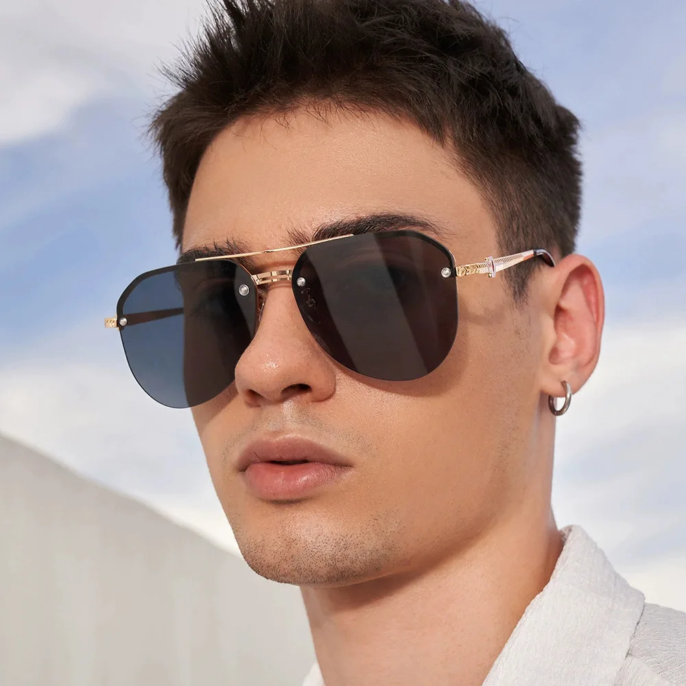 Semi-rimmed Double-bar Sunglasses For Men, Sun Protection, Fashionable Metal Sunglasses For Women 9258