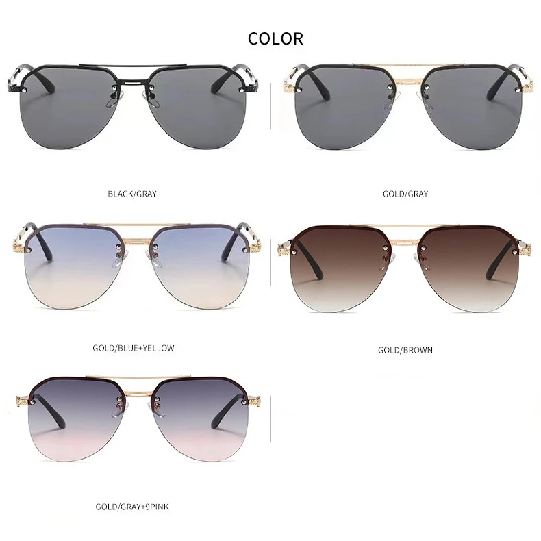 Semi-rimmed Double-bar Sunglasses For Men, Sun Protection, Fashionable Metal Sunglasses For Women 9258