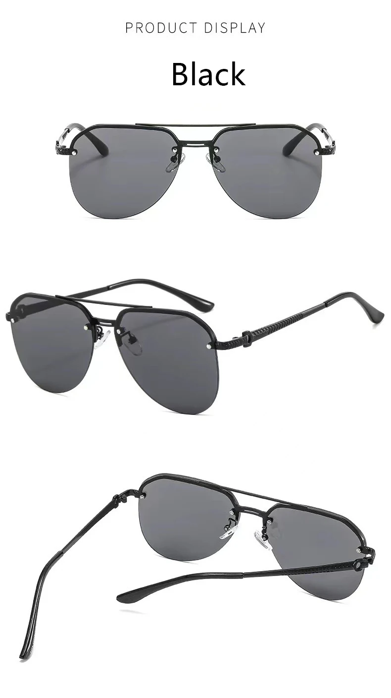 Semi-rimmed Double-bar Sunglasses For Men, Sun Protection, Fashionable Metal Sunglasses For Women 9258